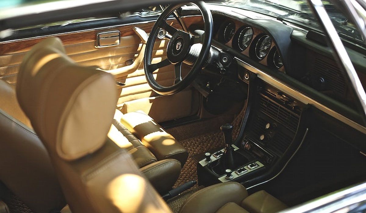 a car interior with leather seats