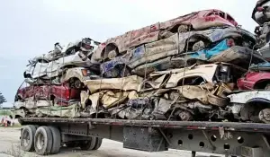 A flatbed truck carrying crushed junk cars stacked in layers, secured with chains for transport and recycling.