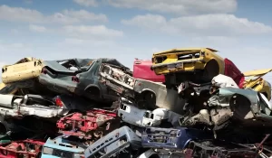 Crumpled junk cars piled high in a recycling yard, showing the final stage of auto metal recovery process.