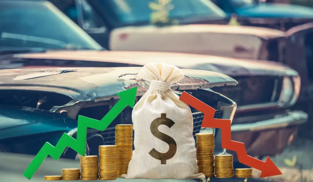 Money bag and coins in front of junk vehicles showing how junk car prices fluctuate based on condition and timing.