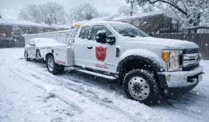 Tow truck hauling a junk car in winter during heavy snowfall on suburban Bolingbrook street.