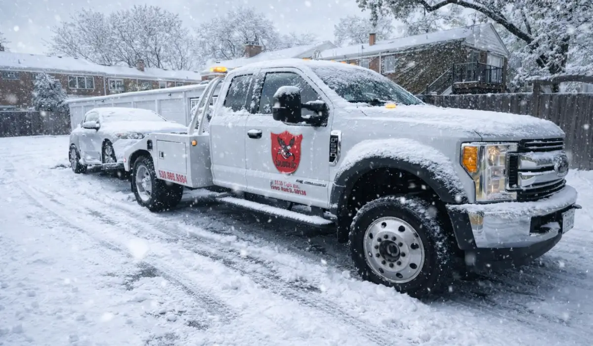 Tow truck hauling a junk car in winter during heavy snowfall on suburban Bolingbrook street.