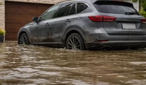 Flood-damaged car parked in driveway surrounded by water showing clear flooding impact and exterior damage conditions.