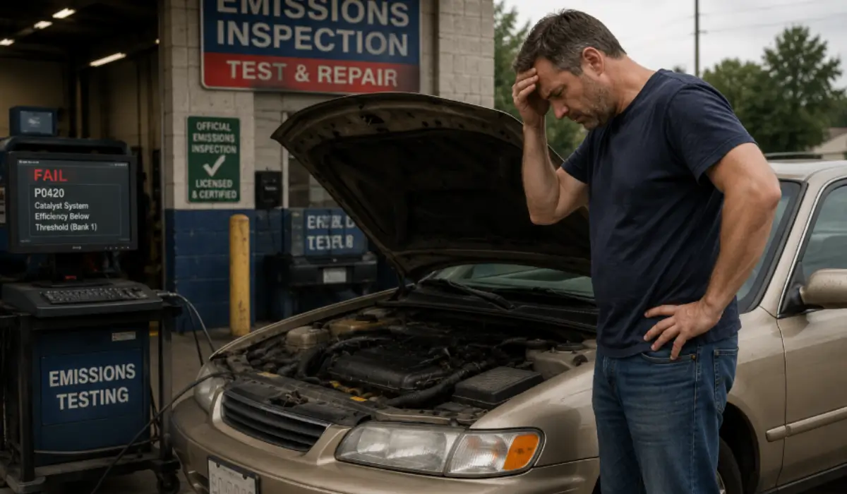 Car Failed Emissions inspection showing stressed driver beside older vehicle during Illinois emissions testing evaluation.