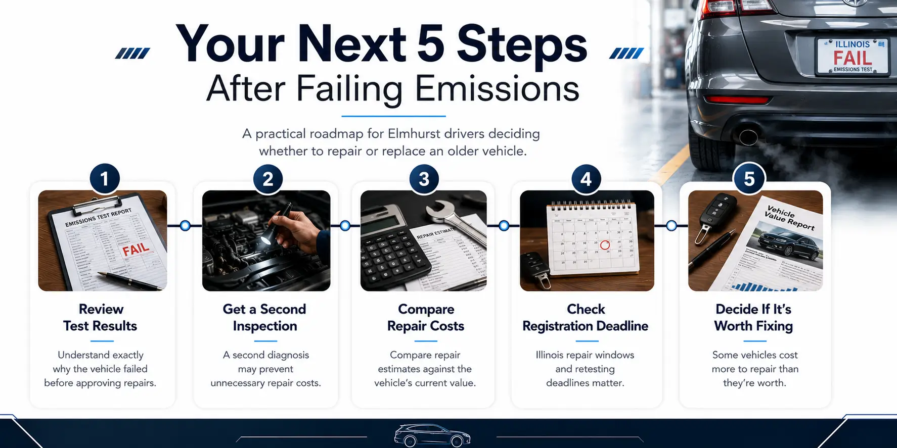 Timeline infographic showing the next 5 steps after a Car Failed Emissions result in Illinois, including reviewing test results, getting a second inspection, comparing repair costs, checking registration deadlines, and deciding whether the vehicle is worth fixing.