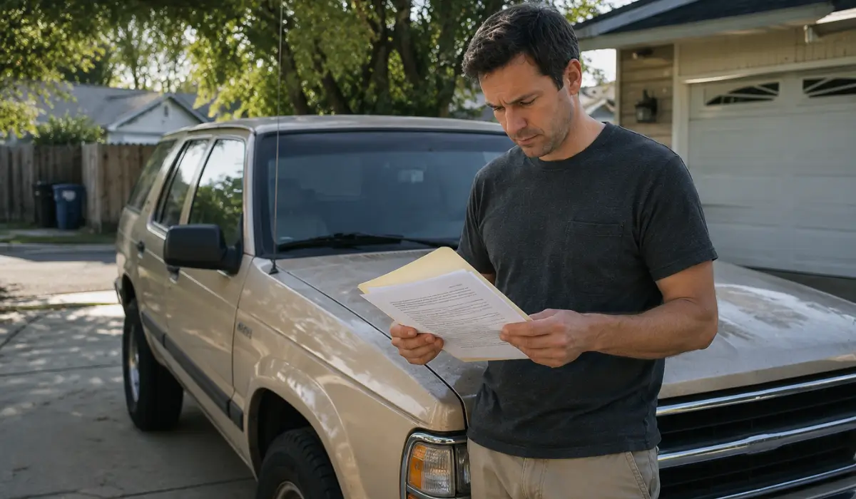 Car You Inherited owner reviewing vehicle paperwork beside an older SUV at home
