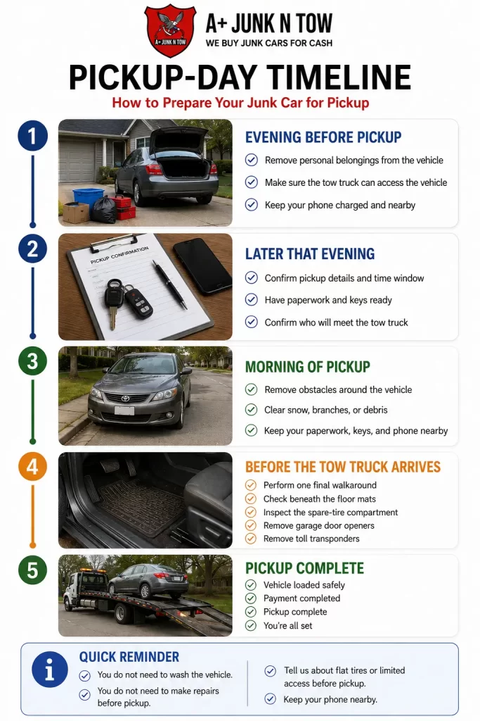 Pickup-day timeline showing preparation steps before junk car pickup, from evening planning through completed vehicle removal successfully.