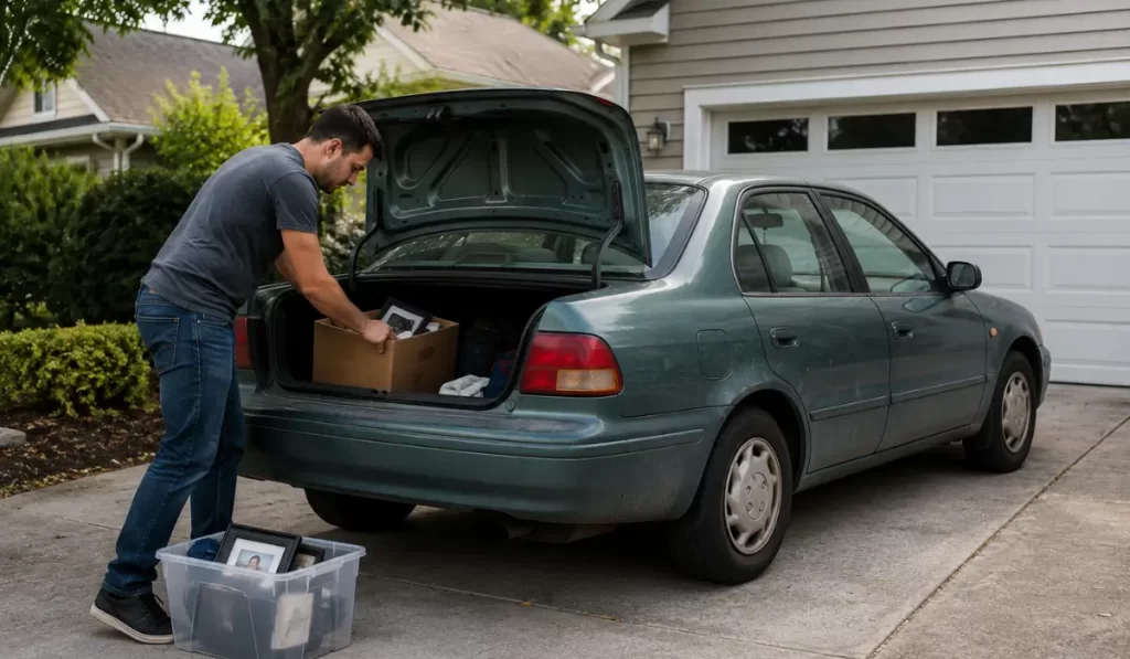 Person preparing junk car for pickup by removing personal belongings from vehicle parked in residential driveway safely.