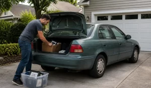 Person preparing junk car for pickup by removing personal belongings from vehicle parked in residential driveway safely.