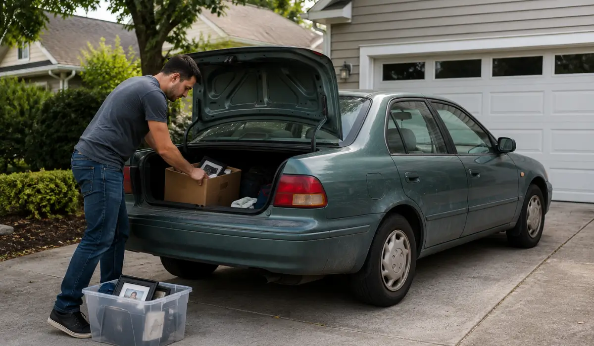 Person preparing junk car for pickup by removing personal belongings from vehicle parked in residential driveway safely.