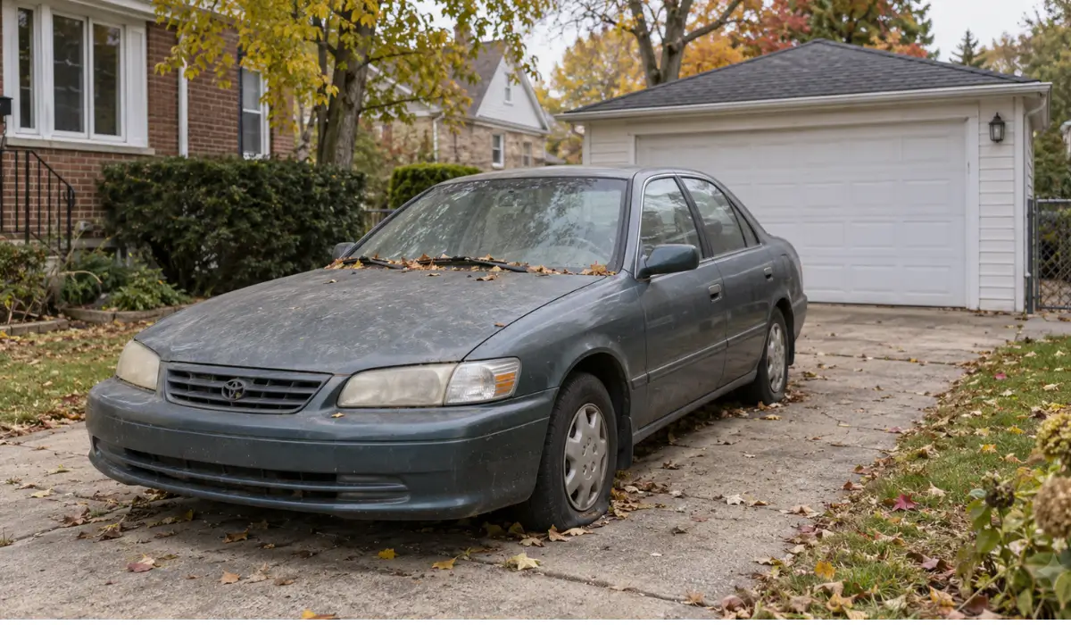 Older unused car occupying residential driveway space illustrates the cost of junk car storage on property.