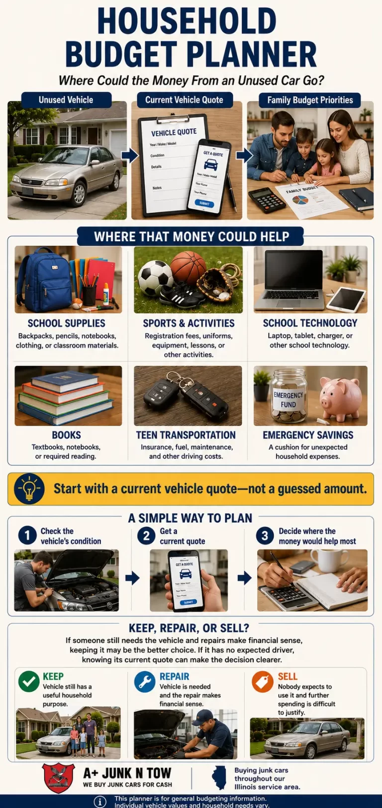 Household budget planner shows how families could sell old car for back to school expenses responsibly