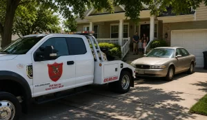 Family prepares to sell old car for back to school as tow truck arrives at their driveway