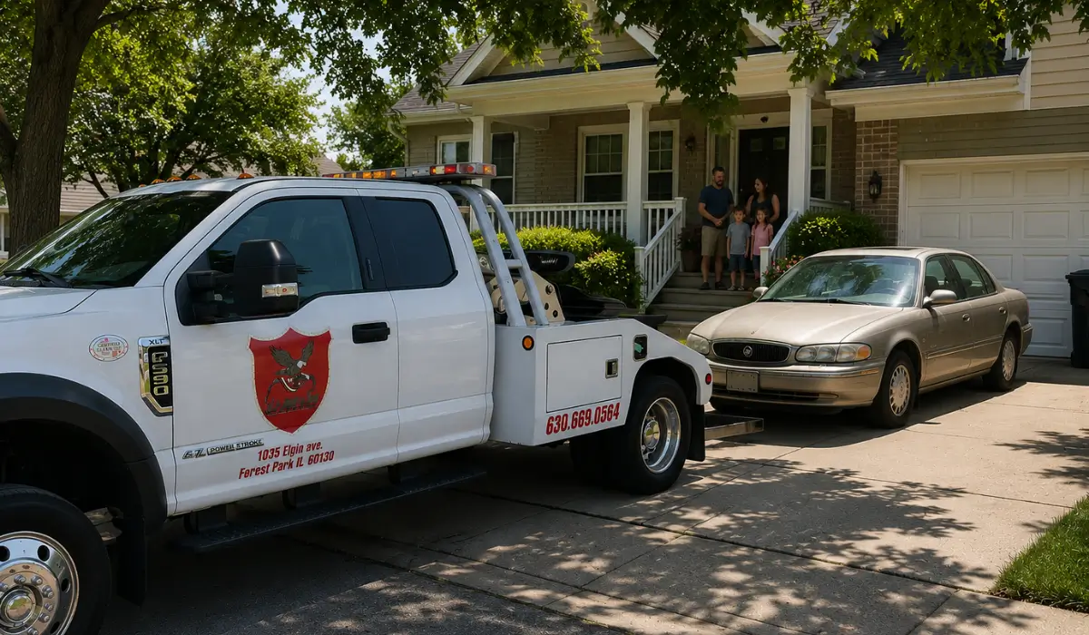 Family prepares to sell old car for back to school as tow truck arrives at their driveway