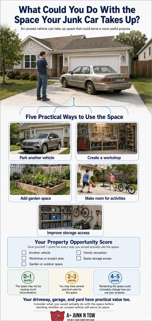 Cost of junk car infographic showing five practical uses for property space currently occupied by an unused vehicle.