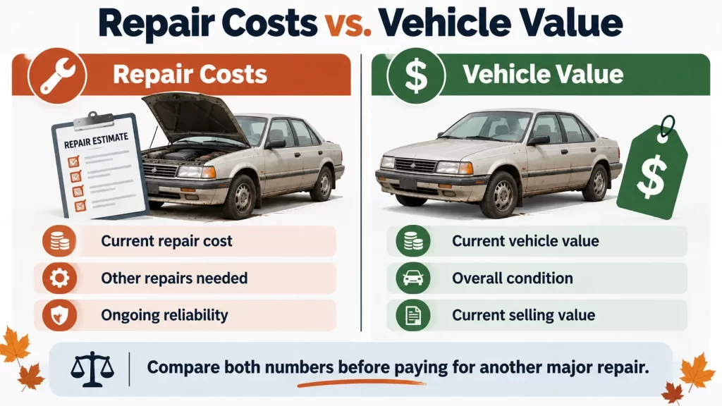 Junk Car Halloween graphic compares repair costs, vehicle value, reliability, condition, repairs, and potential selling value.