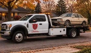 Damaged salvage title car secured on a flatbed tow truck during pickup in a Willowbrook neighborhood.