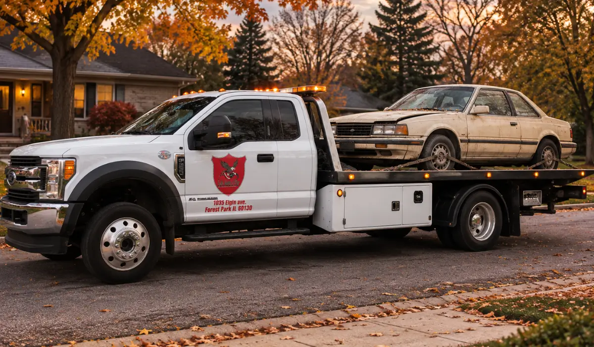 Damaged salvage title car secured on a flatbed tow truck during pickup in a Willowbrook neighborhood.