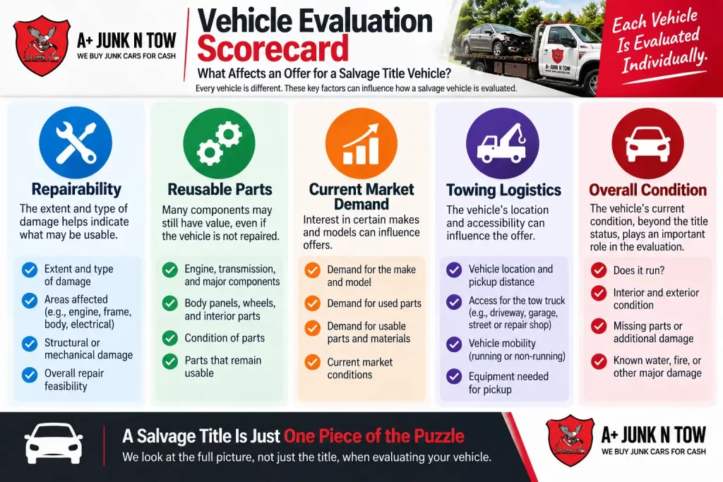 Vehicle evaluation scorecard showing factors affecting a salvage title car offer, including condition, parts, and towing.