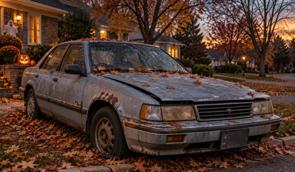 Junk Car Halloween scene shows an older damaged car with rust, flat tire, and autumn leaves outside.